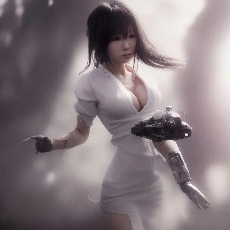 hitomi tanaka, dress white, long black hair, realistic, intriacte detail, sci-fi fantasy style, volumetric lighting, particales,highly detailed,cinamatic, deep colours,8k