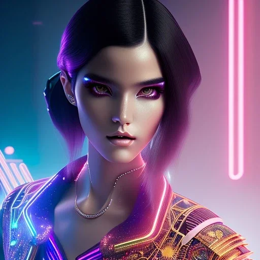 Rosalía, Cyborg anime geisha, cyberpunk, light black hair, pixie hairstyle, cobalt eyes, waist up portrait, 8k resolution, retroanime, intricate details, neon details, soft lighting, vibrant colors, masterpiece, intricate eyeliner, dark eyeshadow, eyes, intricate tattoos, gradient background