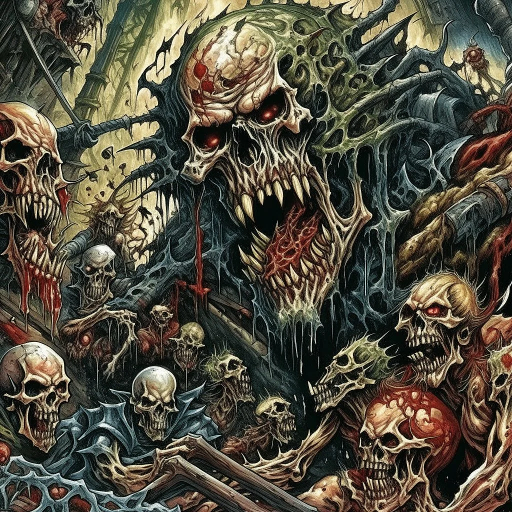 Chaos horrific, Carnivorous attack Apocalyptic plight, Grotesque morbid threat, illustrative style by Arturo Souto, unbalanced, offset, non-symmetrical surreal horror, text "Cannibal Corpse" album cover aesthetic in a death metal font