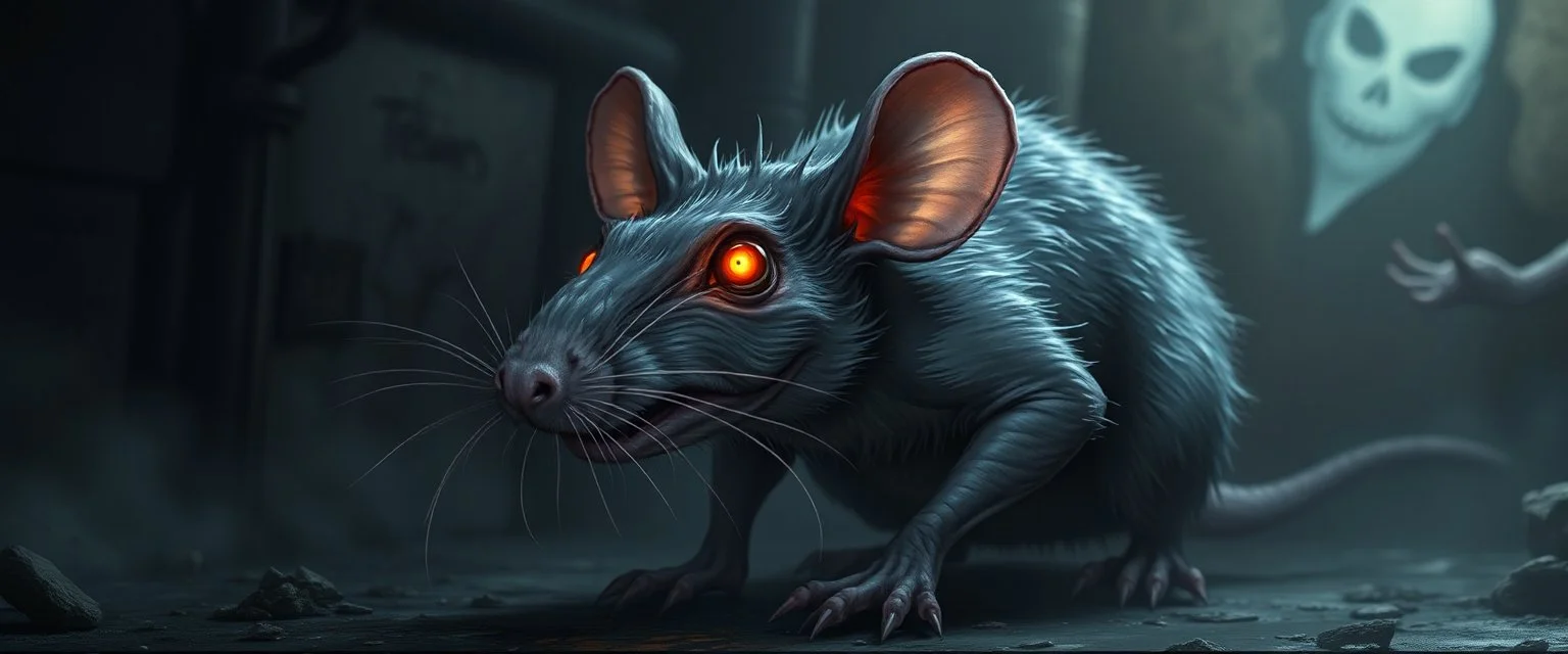 Large rat with glowing eyes and faint ghostly aura, twisted posture, sewer dungeon, dark fantasy realism, subtle horror with humor