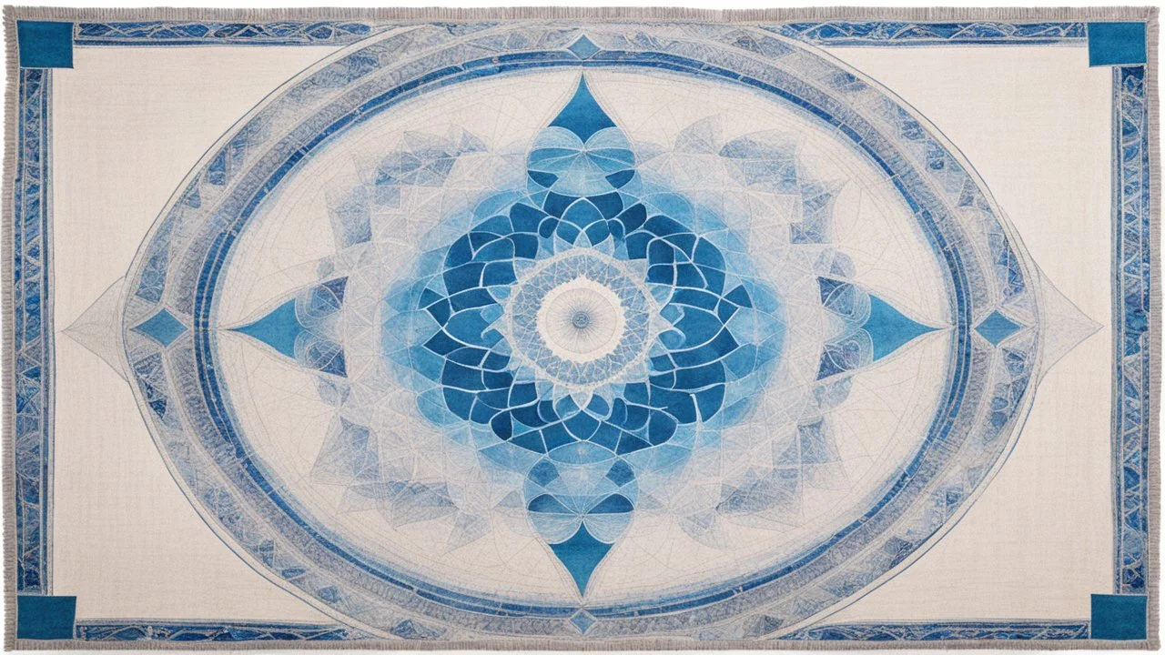 a beautiful rug with essential extreme minimal and simple sacred geometry and cosmic cold colours