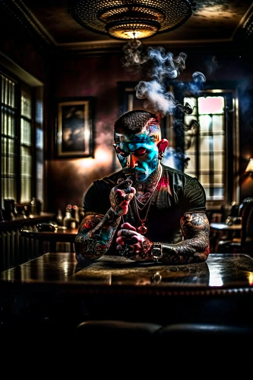 scary tattooist in high end parlor, smoke, mist, lightrays, depth of field, photography