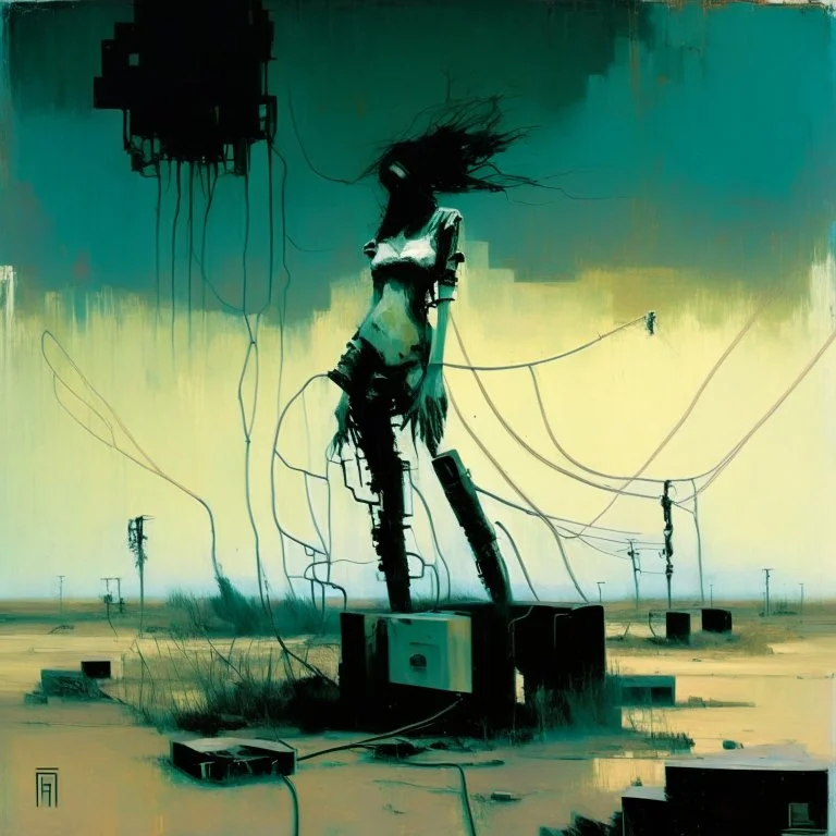 Dystopian future women with a twisted body falling with retro monitor head and handing wires. In desolate landscape low horizonline at night. With a concrete decaying blocks. Abstract oil painting in style of Justin Mortimer and Phil Hale