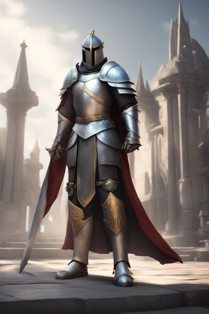 photorealistic holy knight paladin wearing a cape wielding a greatsword temple in the background face ravealed