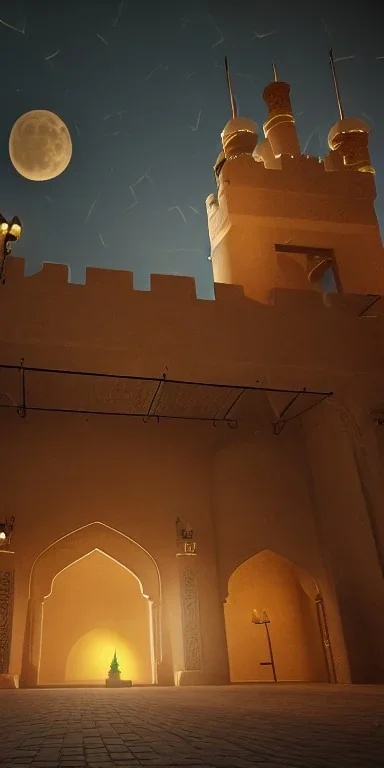 middle east castle , night , cloud in the sky , full moon , bird in the sky,fire place in the bazaar , high resolution, super realistic, unreal engine, cinematic lighting,