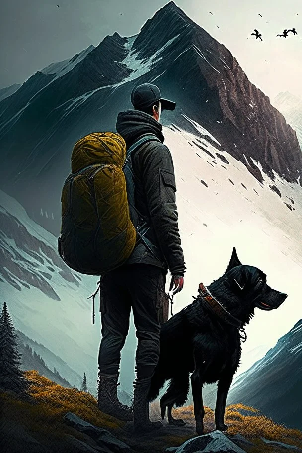 Escape to the mountains, Guy and black dog
