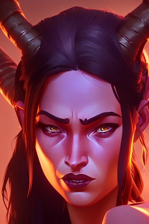 actress megan fox, purple skin, devil horns, pretty soft female face, smile