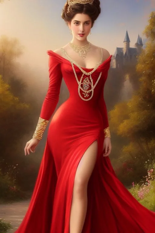 full body shot , beautiful and gorgerous duchess with incredible jewellery in 19th century clothing by Greg Rutkowski and Artgerm and Emile Vernon and Vladimir Volegov, in a red dress, mystical castle background, art illustration, natural beauty, muted colors, pastels, perfect fingers, higly detailed, expressive, high detail, symmetrical, digital painting, symmetrical eyes, dynamic lighting, artstation, cinematic lighting, intricate artwork, emitting diodes, smoke, artillery, sparks, racks, s