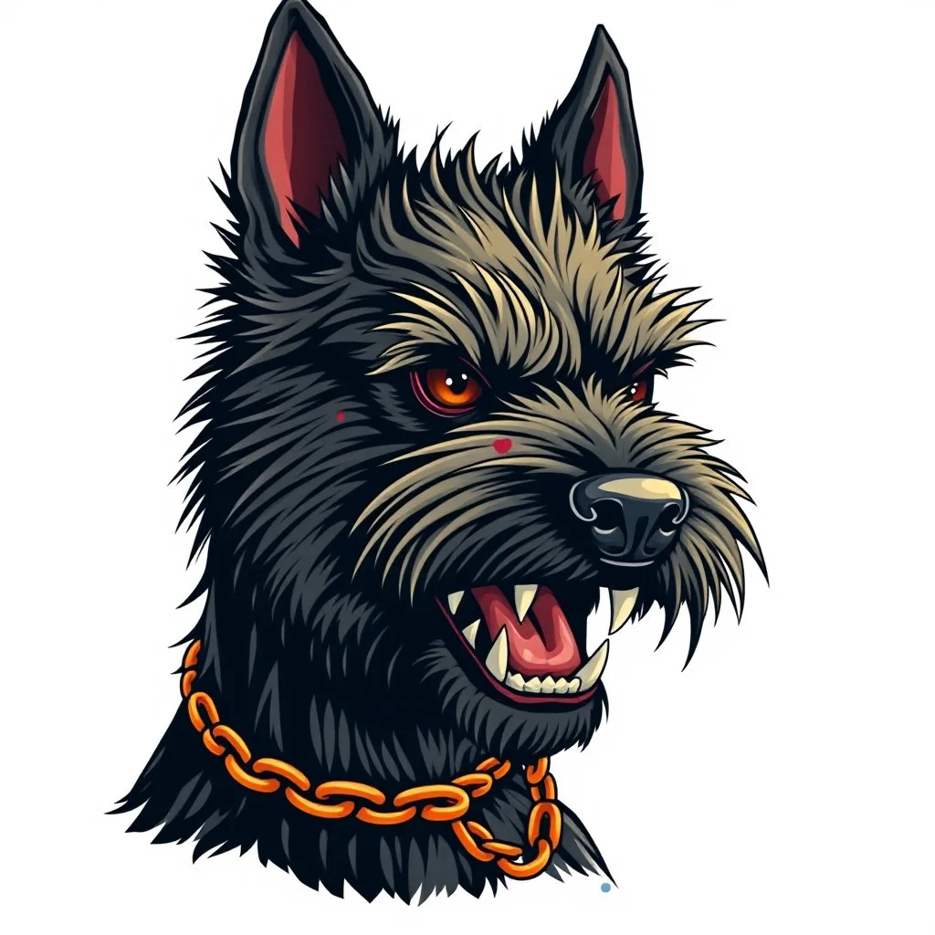 head of angry Scottish Terrier dog, facing viewers left, with blood shot eyes and bloodied teeth and bushy fur, an orange color chain collar around neck, vector