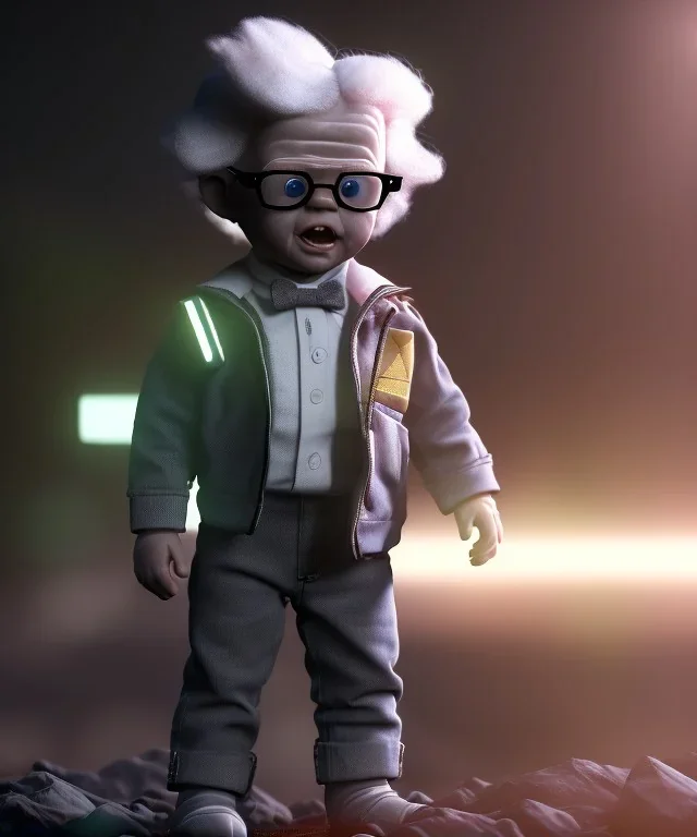 Emmet brown toddler, full body, delorean, dramatic lighting, hyper realistic