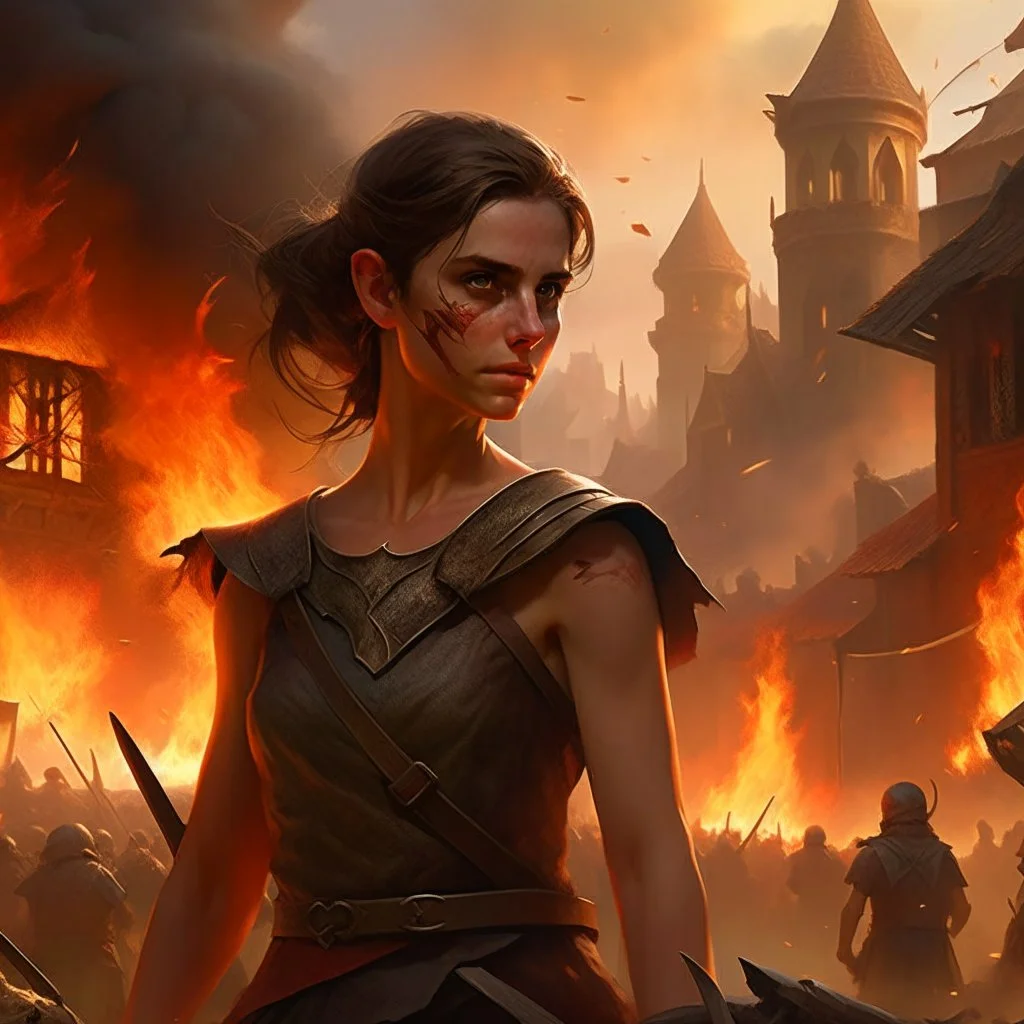 a dark haired tiefling woman in a sleeveless battle outfit, a face like emma watson, amidst town ruins with fires burning, photo quality