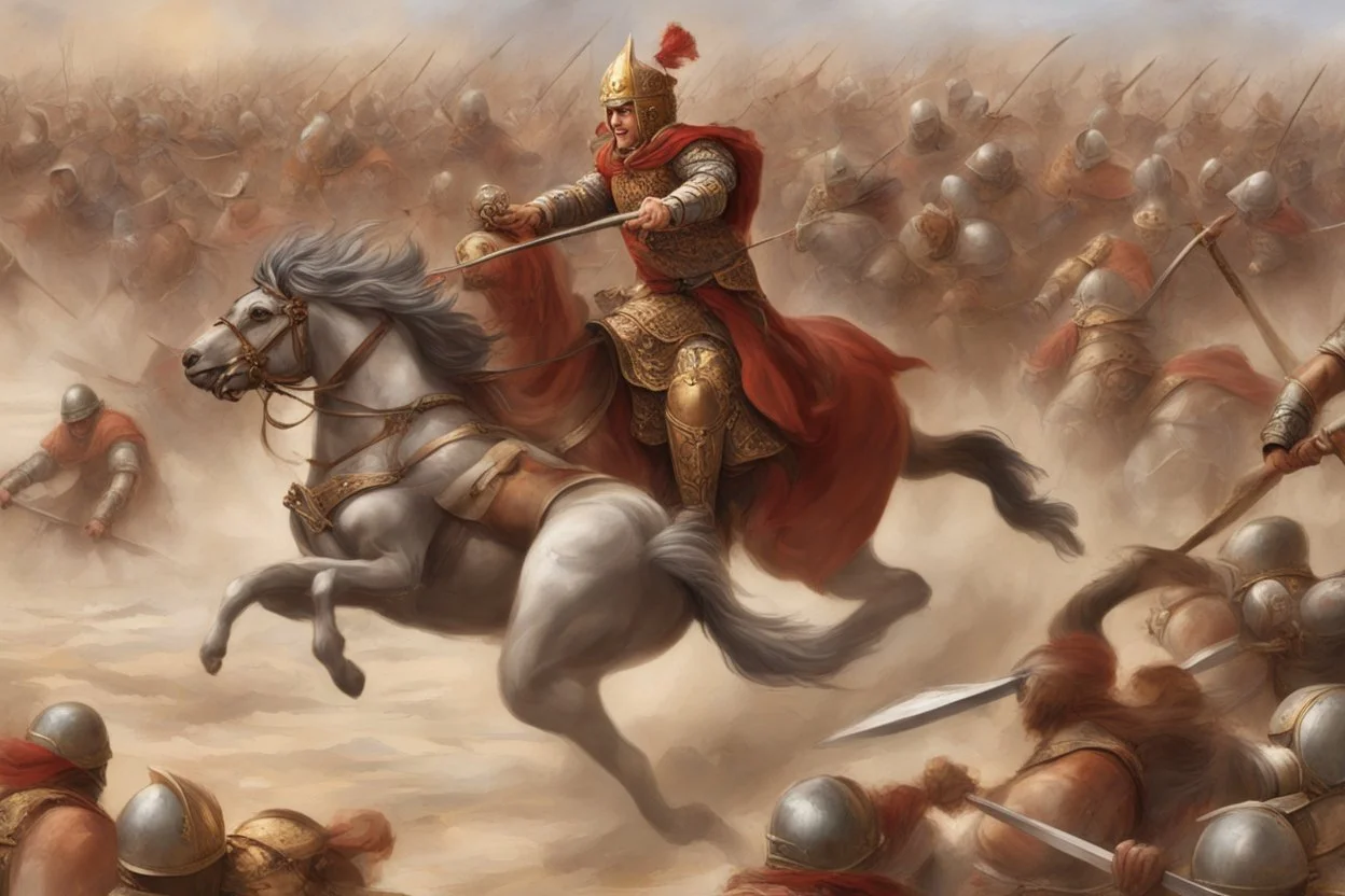 Alexander charging into battle, his army ready for conquest. But little did he know, a cunning adversary had set a trap, turning the tide of the battle in a way that left Alexander stunned and strategizing on the fly!"