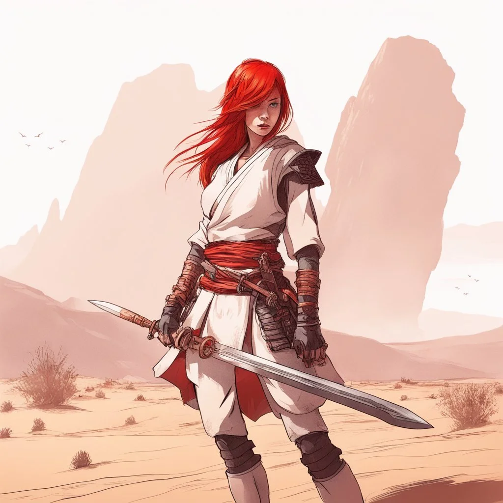 Girl samurai redhead in a desert valley, flame sword