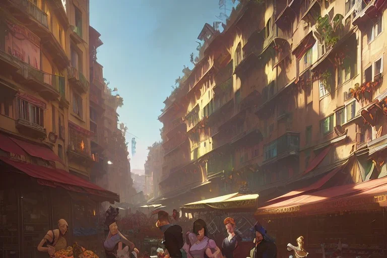 +A greengrocer in colorful+bologna+genoa street+Italian medieval town+Italian city on sea+alphonse mucha, greg rutkowski,matte painting, cryengine, hyper detailed, felix kelly, fantasy art, seb mckinnon