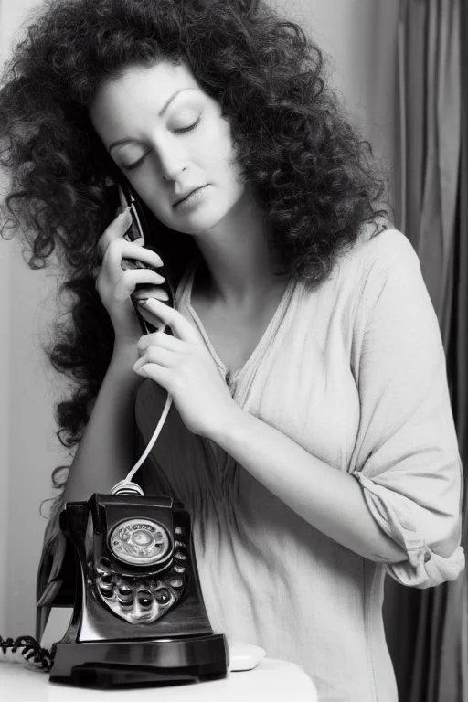 A beautiful woman with curly brown hair, a pensive expression, holding in one hand an old dial phone with the cord wrapped around her body, in a luxurious room in sunshine