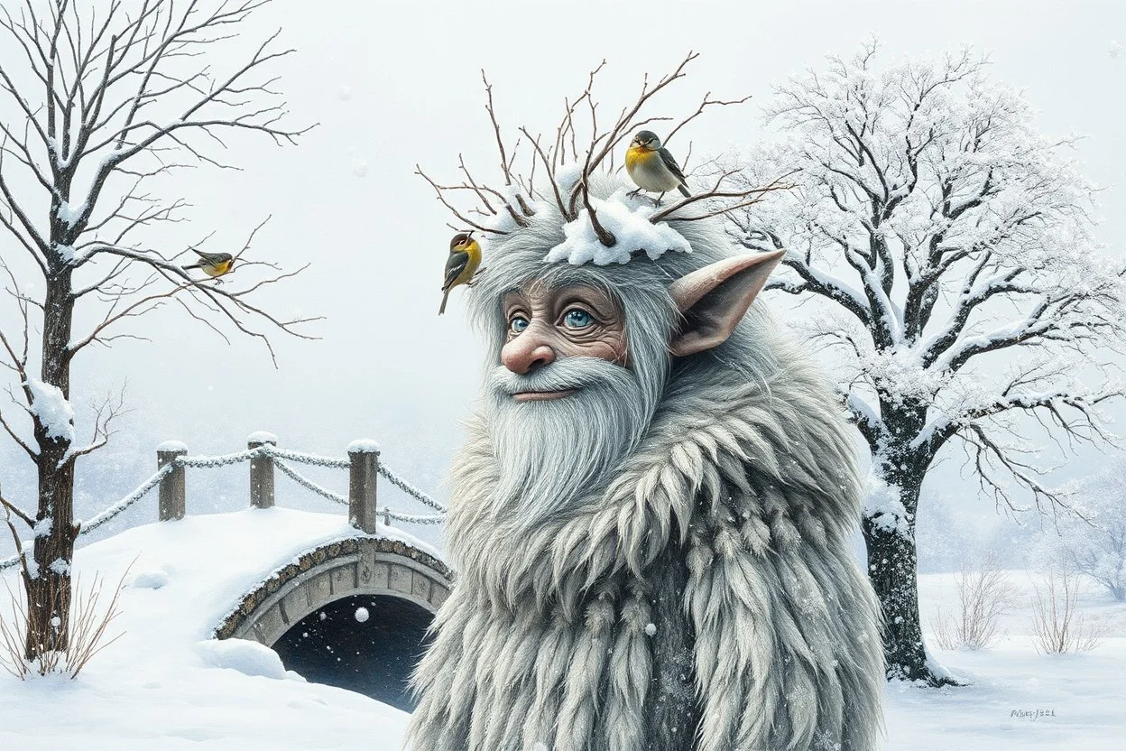 Double exposure: a kind snow troll, hair made of dry branches covered in snow, tits perched on the hair-branches, a sheepskin coat woven from dry leaves and twigs covered in snow, and a winter landscape depicting a fairytale rounded bridge, a tree made of snowflakes painted with frost, filigree kaleidoscopic patterns of frost. Highly detailed textures: a fairytale illustration, splashes of white and gold paint, rich texture, distant and deep space, dreamy watercolor and liquid filigree acrylic.