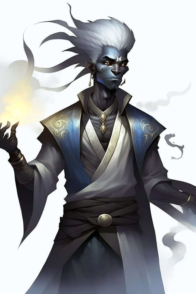 Male Air genasi fra d&d with black skin smoke some hair an Asian skin ghostly appearance with a Smokey undertone