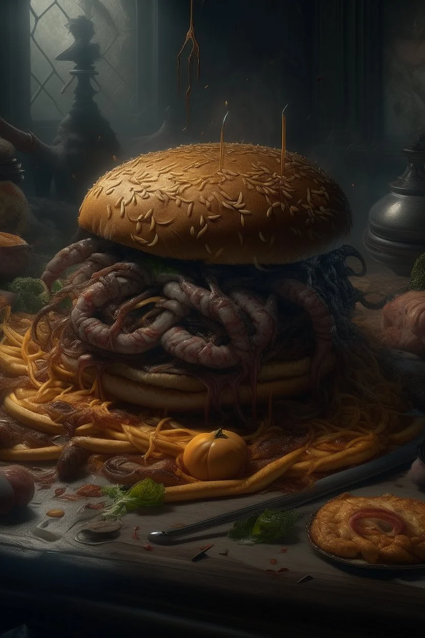Bosch nightmares paint inf style Title: a hamburger sandwich , intricate insanely detailed octane render trending on artstation, 8k artistic photography, photorealistic concept art, soft natural volumetric cinematic perfect light, chiaroscuro, award-winning photograph, masterpiece, oil on canvas, Raphael, Caravaggio, Greg Rutkowski, people, beksinski, Giger
