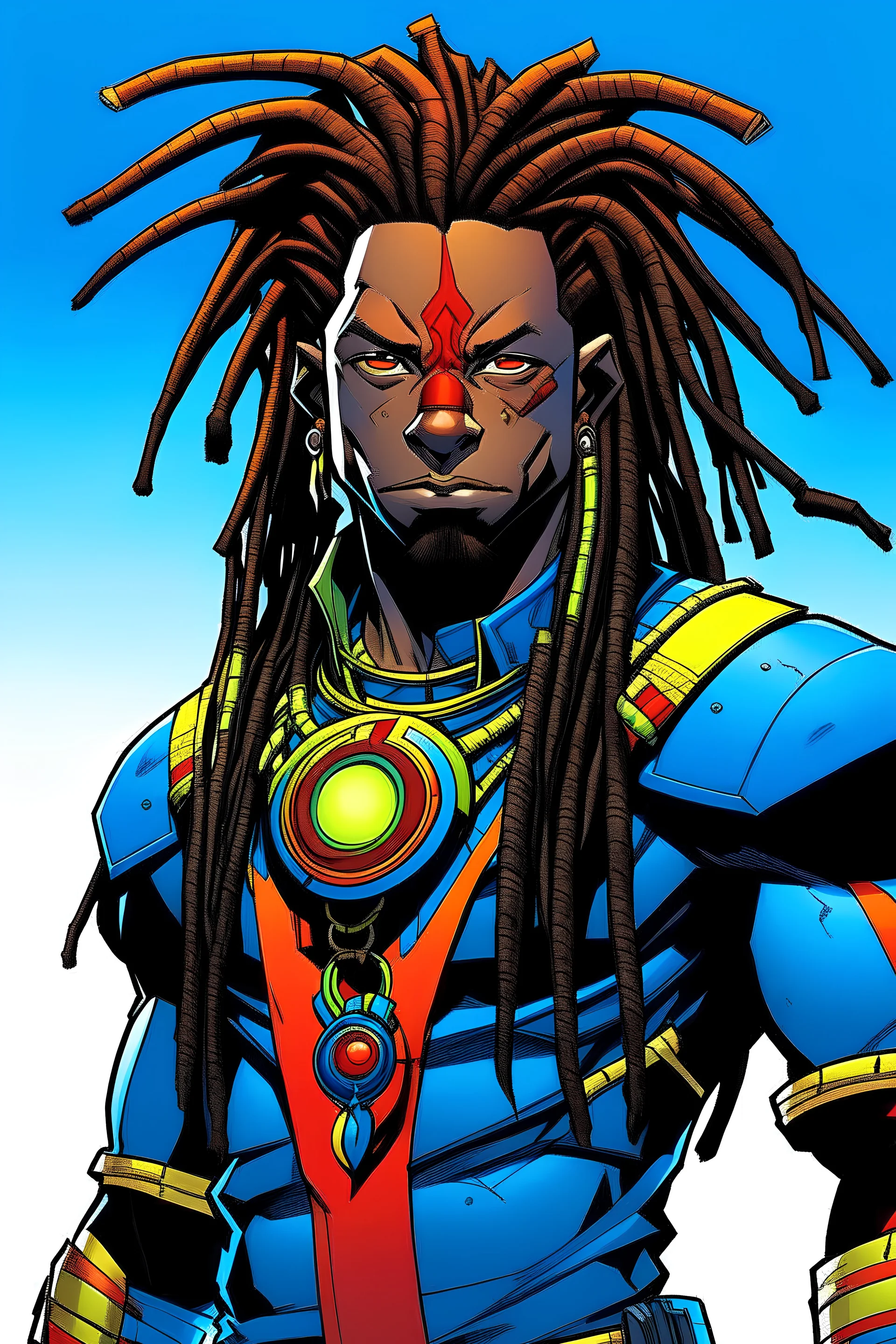 Picture of a black superhero with dreadlocks, his suit similar to comic book Kid Flash but his main colors should be Grey and blue. The tips of his dreadlocks should be died blue, and his lighting should be blue