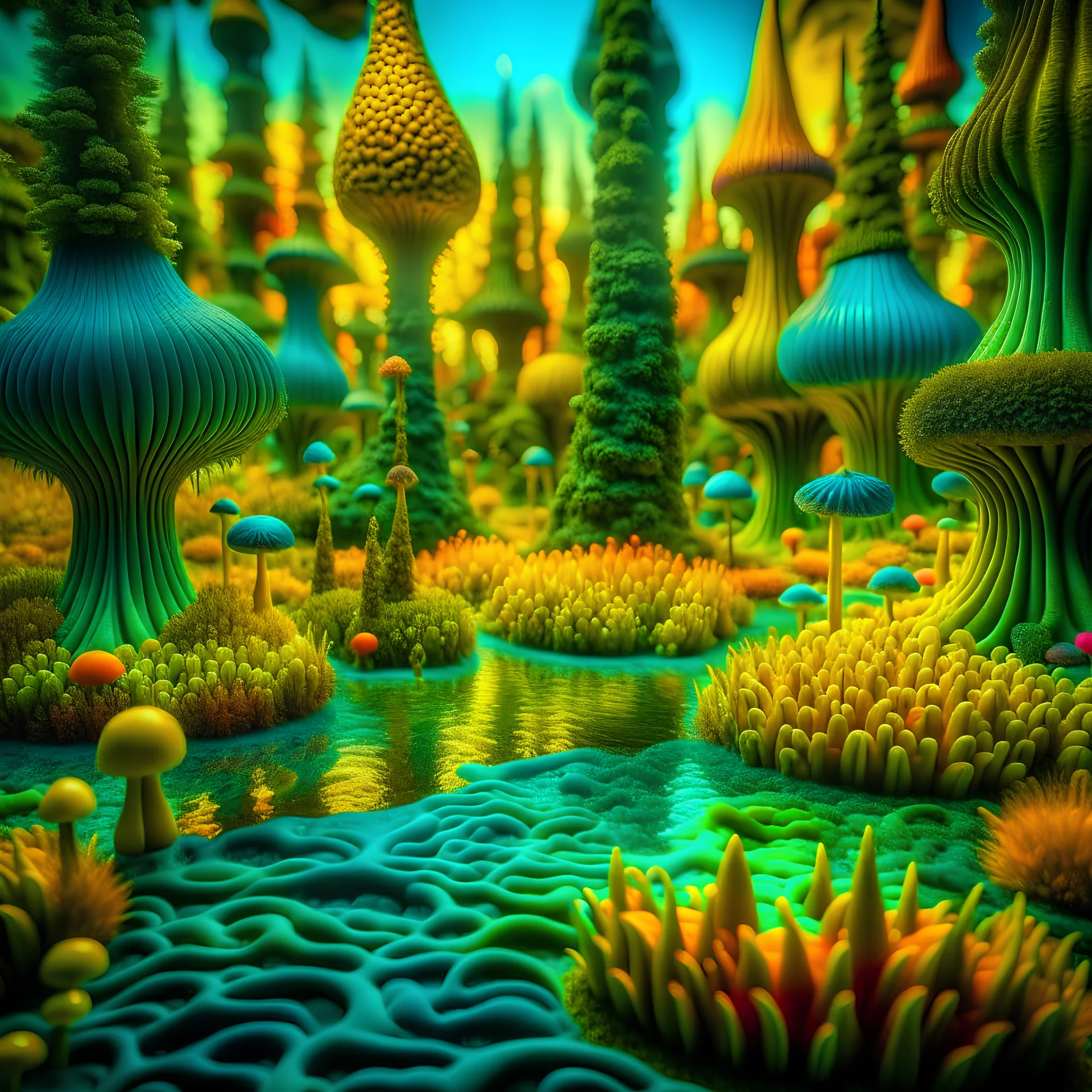 Odd swamp landscape with odd beings, surreal abstract Max Ernst style, Tim Burton, Harry Potter, 120mm photography, sharp focus, 8k, deep 3d field, very detailed, volumetric light, very colorful, ornate, F/2.8, insanely detailed and intricate, hypermaximalist