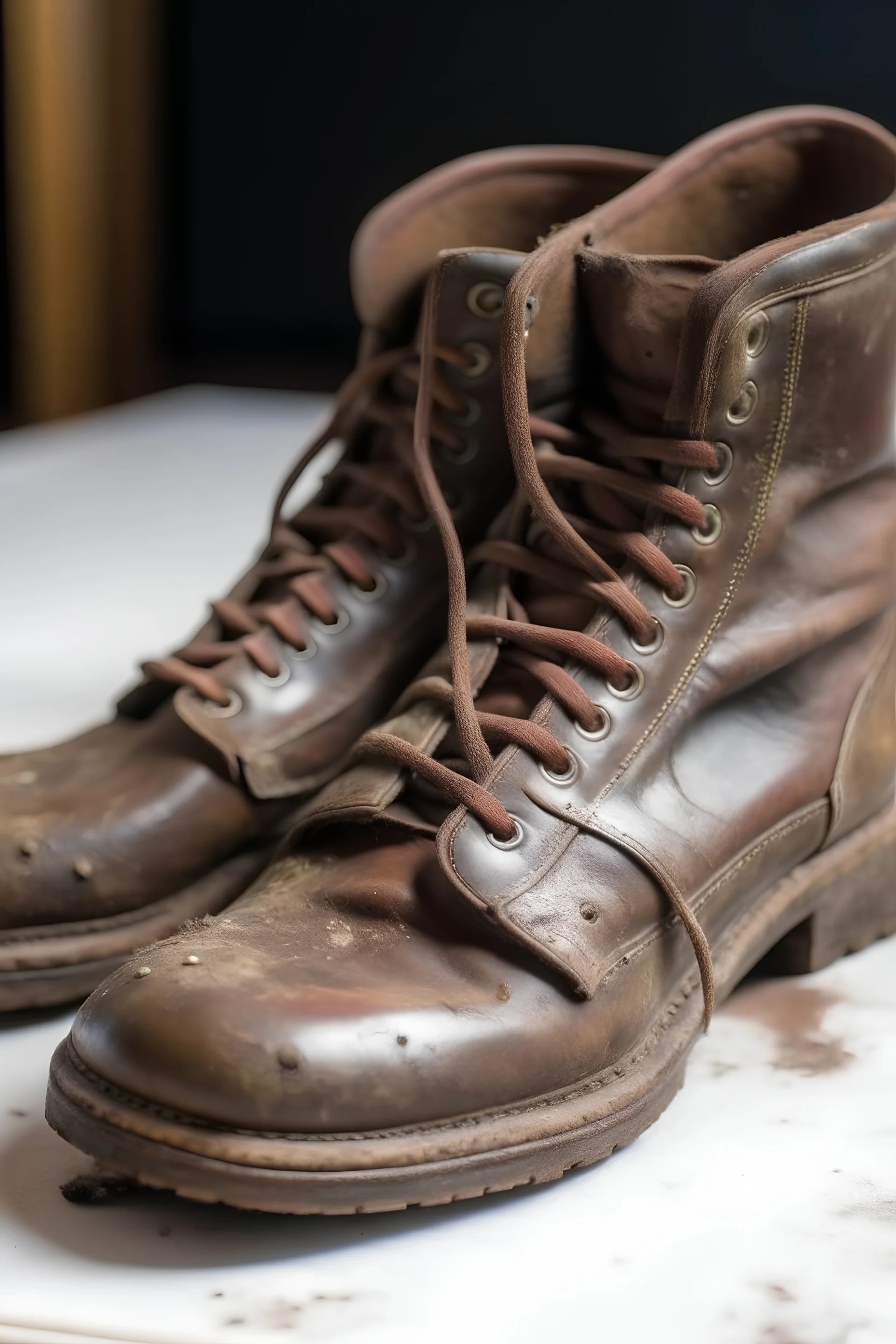 A pair of worn-out leather boots with holes in the soles that need to be repaired.