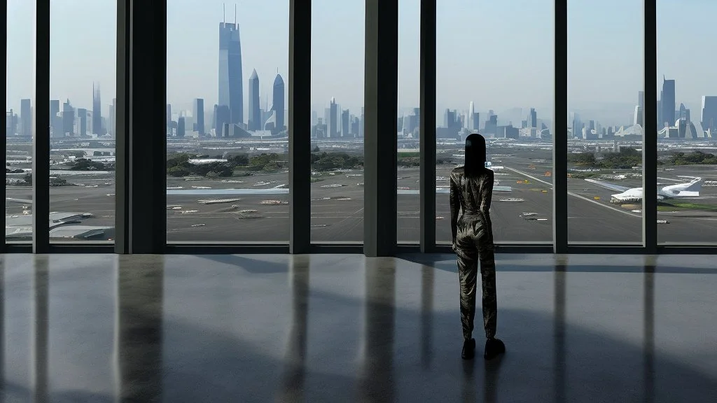 Tall thin woman, with straight black hair, dressed in a camouflaged jumpsuit, looking out from the rear of a futuristic aircar, on a tarmac runway, with a city skyline in the distance