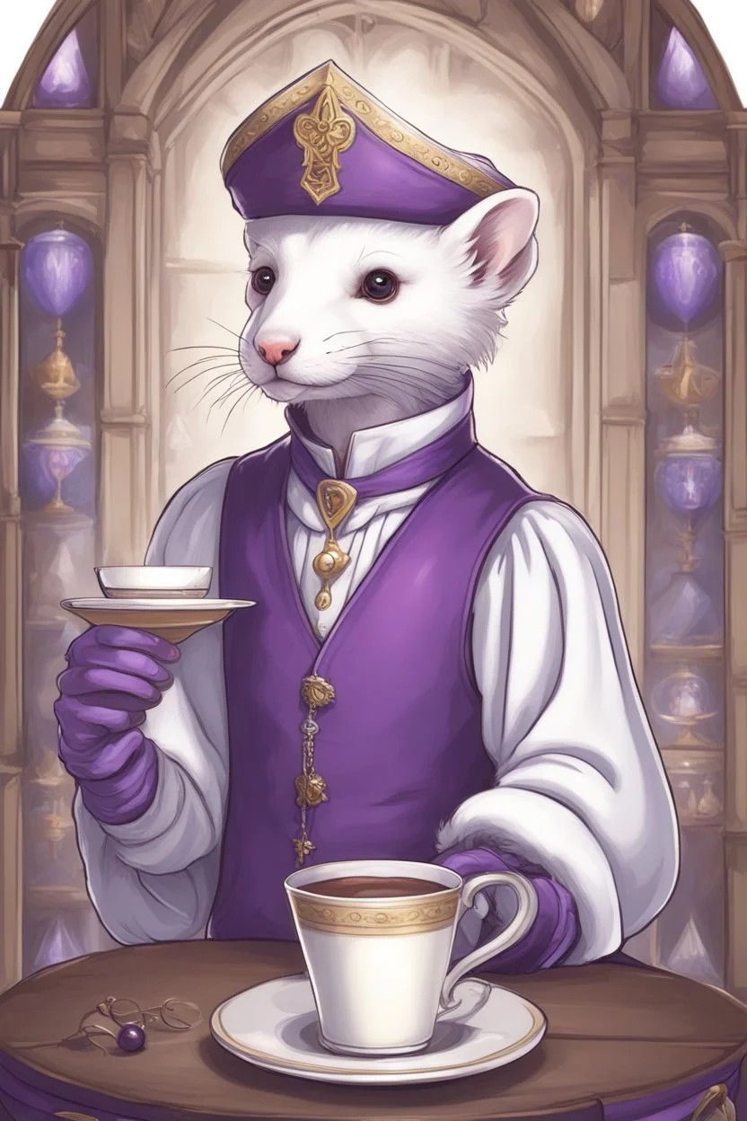 (anthropomorphic white ferret),dressed in cleric white and purple clothes with ornaments, realistic anatomy, fantasy tavern on background, mage and holy symbols around, serious face, hold cup of coffe, tired