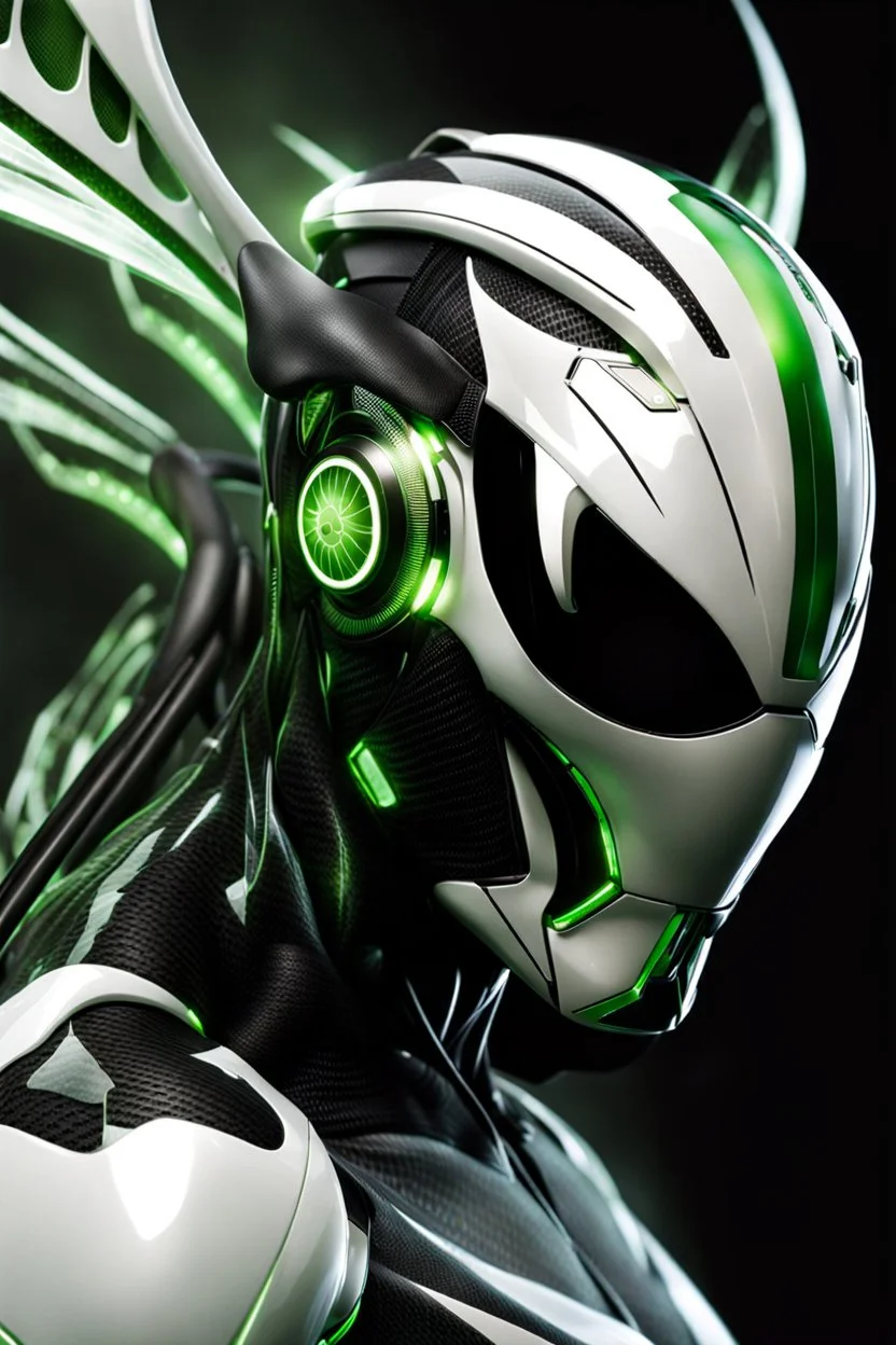 Cyborg symbiote, white color, green color, tendrils, high tech, cyberpunk, biopunk, membrane wings, carbon fiber, cyber tentacles, and the other two.