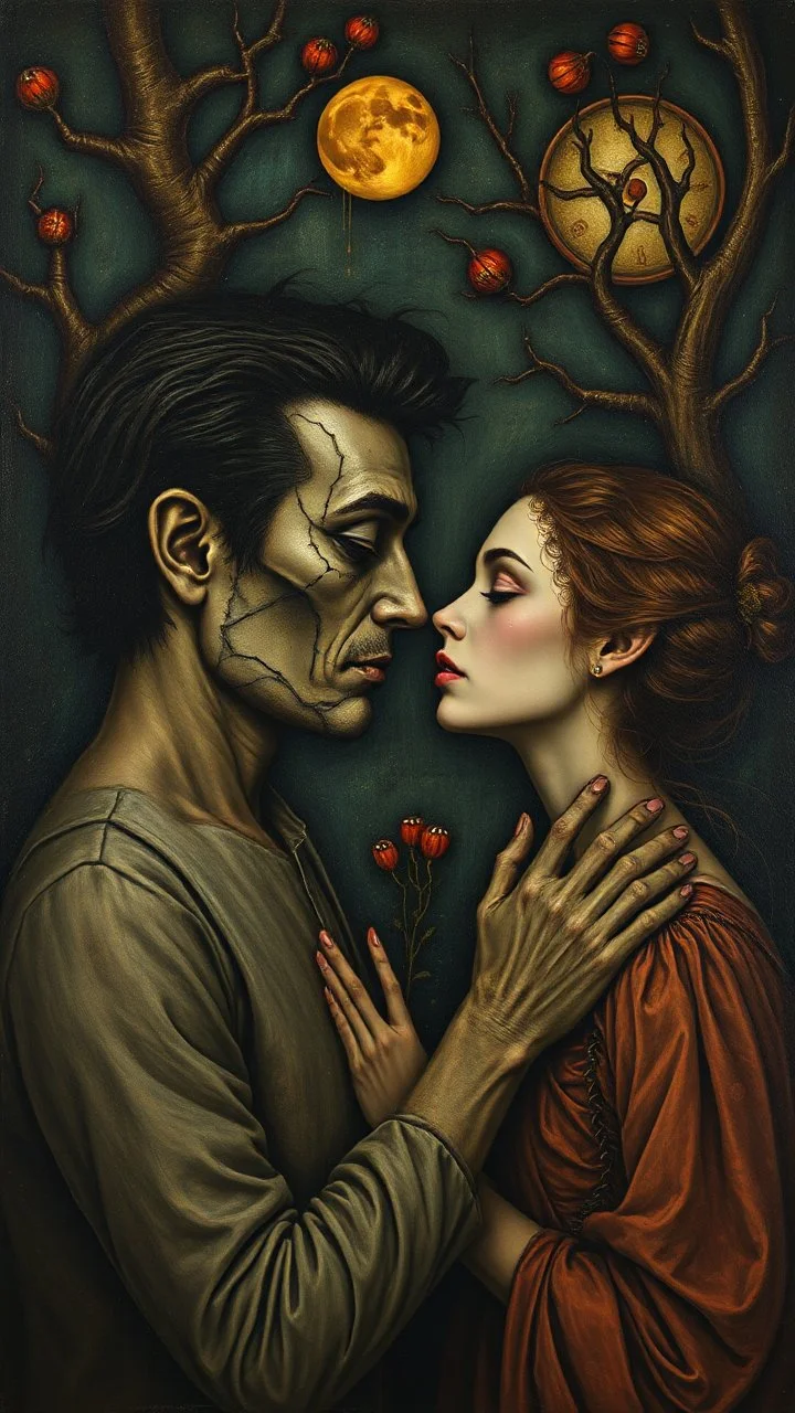 Bosch painting style, nightmare, a man and a woman are in love