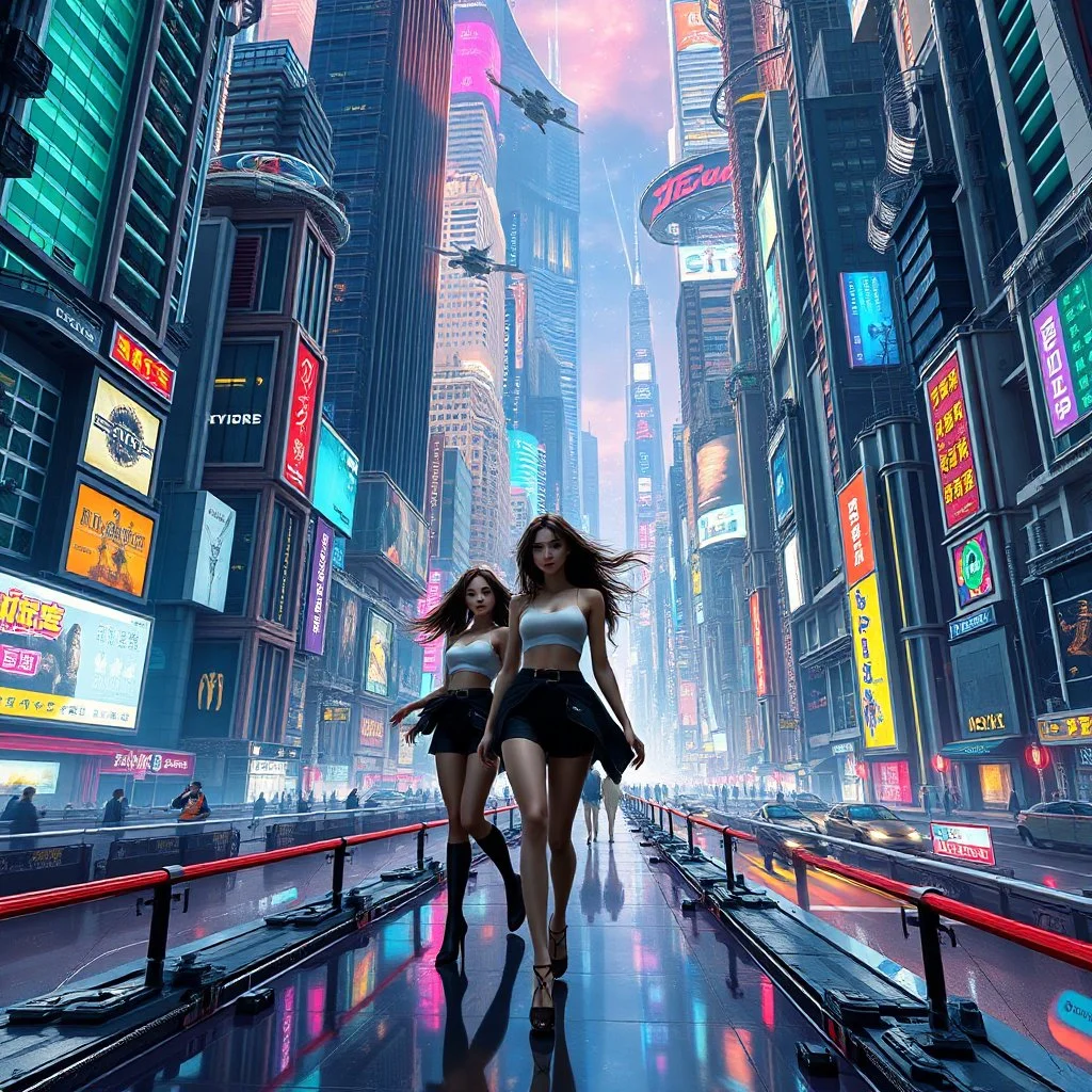 Detailed, highly intricate 3D fractal recursive art, with dancer girls wearing modern fashionable clothing,walking to looking at camera in a magical, futuristic cityscape with towering skyscrapers, hovering vehicles, and glowing neon lights. The city has an otherworldly, dreamlike quality, with a sense of wonder and escape. Hyper-realistic, 8K resolution, cinematic lighting, stunning detail