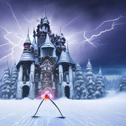 mutilated warrior on slalom ski in front of ice castle, ski tracks and blue storm clouds and burning lightening