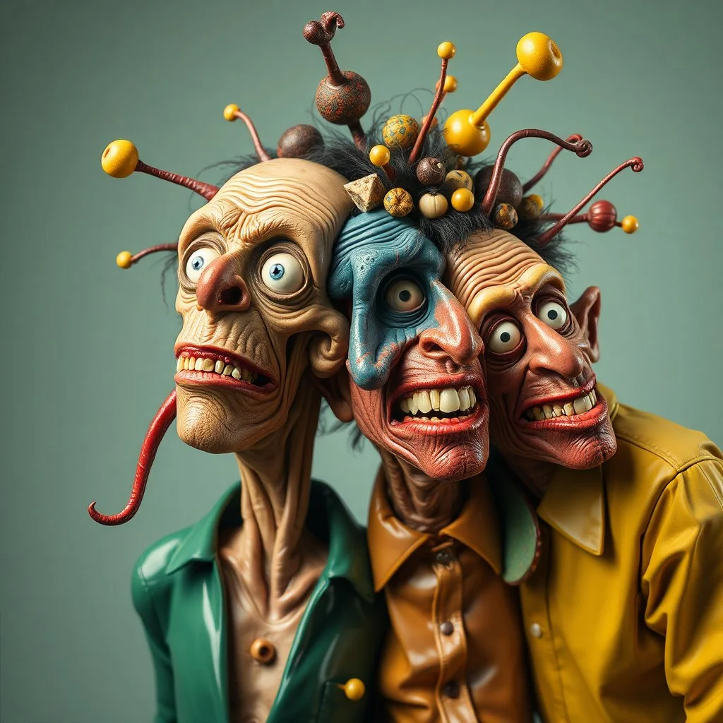 The oddest and funniest coagulation and mixture of friends, glossy finish, details very accentuated, stunning style, oniric, Max Ernst, hyperphotography, blatant, gross, caricature, very funny