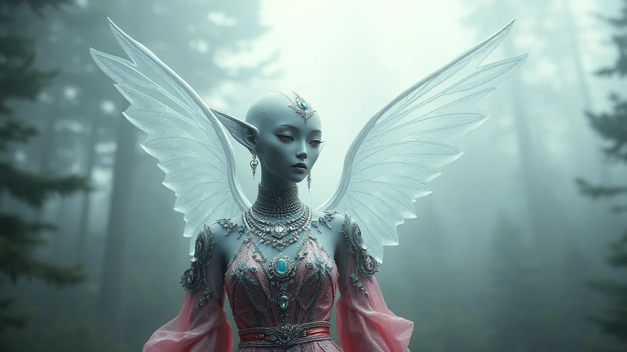 a photorealistic grey alien angel translucent transparent, surrealism, fog, octane render, cinematic, futuristic outfit, haute couture, exotic jewerly, blue pink, forest background