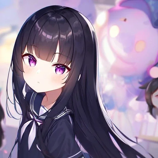 Clear Focus, High resolution, loli girl wearing a sailor school unform, black long fluffy hair, purple eyes,