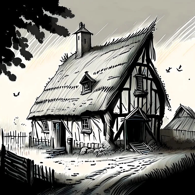 drawing of a village farm building in the style of art novel