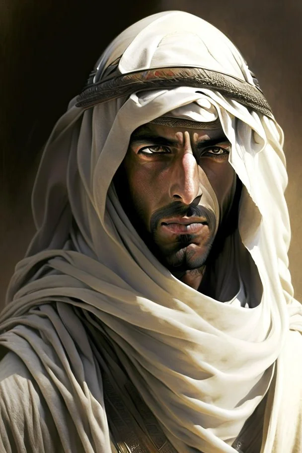 An Arab warrior in plain robes and a pale face