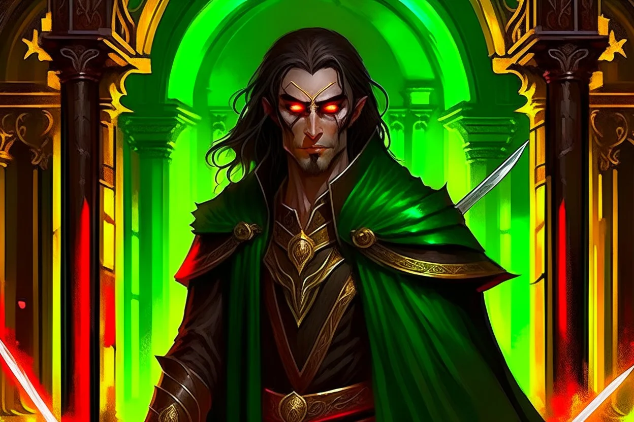 full length, mantle, background dark hall with columns, black with, holding a spear in his hand, dark green eyes, the character is not too close to the camera