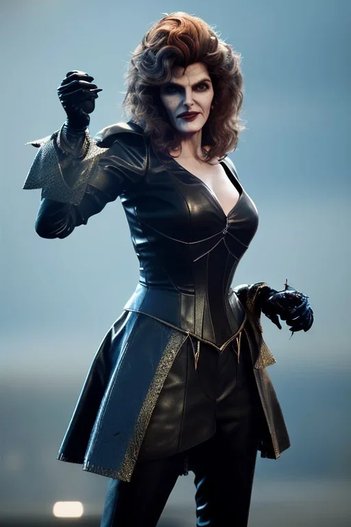 younger Rene Russo as evil queen in leather, cleavage, angry, stern look, unreal 5, octane render,cinema4d, dynamic lighting, dramatic lighting, 4k, redshift render, highly detailed, hyper realistic