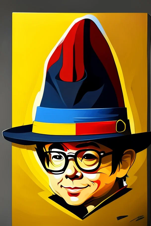 Gustavo Petro, comic style artwork, dark yellow, black, red and blue, with wide-brimmed hat, with white shirt, calm, chibi