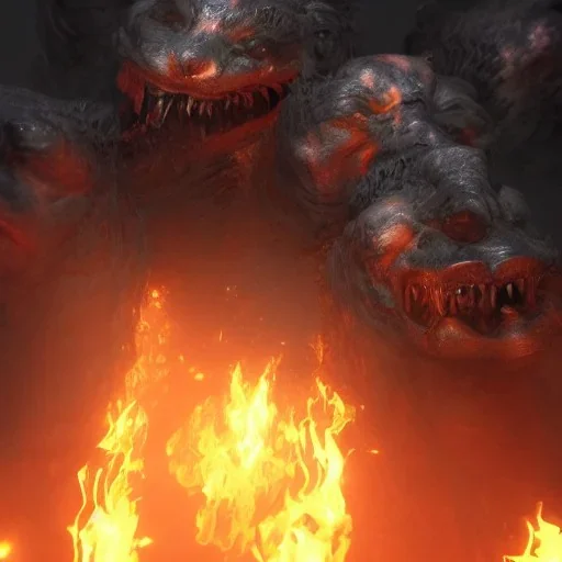 **Cerberus, character-design, fire pouring from each mouth, full body, fiery dark skies in the underworld with Hades in the background, 8k, highly detailed, hyperreal, octane render, hdr, dark, sparkling lights, Cinematography lighting, mysterious, glister, surrealism, campbell white, 8K