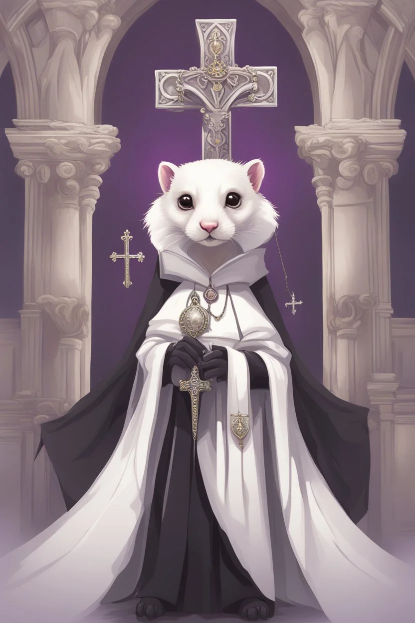 (anthropomorphic white ferret),dressed in ((cleric fantasy)) black clothes with silver holy ornaments, realistic anatomy, holy symbols around, serious face, hold holy cross symbol, tired face, in the style of LOISH, look at the vivewer, cute face, fantasy inspire, fantasy church on background with sunshine, gloomy atmosphere, high angle shot, purple armband