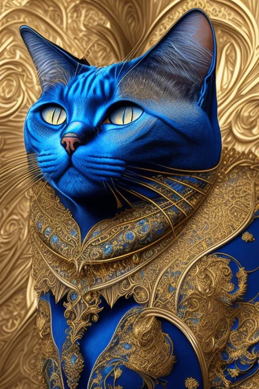 cat, blue and gold tones, insanely detailed and intricate, hypermaximalist, elegant, ornate, hyper realistic, super detailed, by Pyke Koch