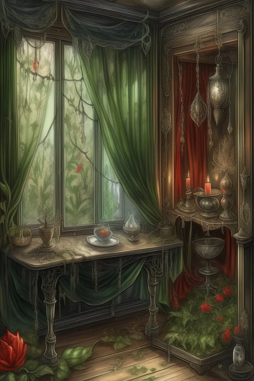 english watercolor, witch's boudoir, mirror, curtains, cobweb, filigree, dried flowers, textiles, candle, magical lighting effect, fairy tale illustration, fine drawing of details with colored pencils, grunge, high resolution, high detail, dark fantasy, dark botanical, beautiful, ISO 100, pixel graphics, hdr, emerald colors, beige, red, deep blue, umbra, grey, dusty rose, gold