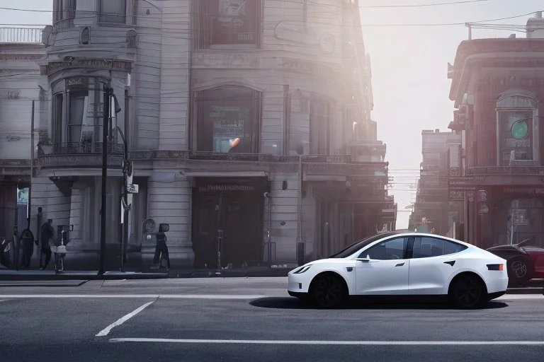 A Tesla 'Model S' is parked, on the streets of San Francisco. (CINEMATIC, WIDE ANGLE LENS, PHOTO REAL)