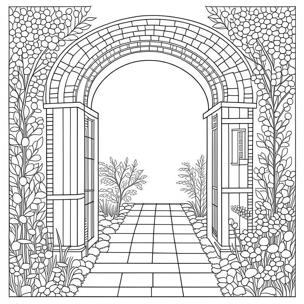 GARDEN HOUSE, Through the Arbor: Venture into the Garden House through beautiful archways, full garden view, realistic, coloring page, only draw lines, coloring book, clean line art, wildlife-inspired, kid style, –no sketch, color, –ar 3:4, white background, minimalistic black lines, 8k, minimal black color, low level black colors, coloring page, use pure black and white colors, avoid thick black colors, thin black line art, avoid colors, perfect shape, perfect clear lines, clear edges,