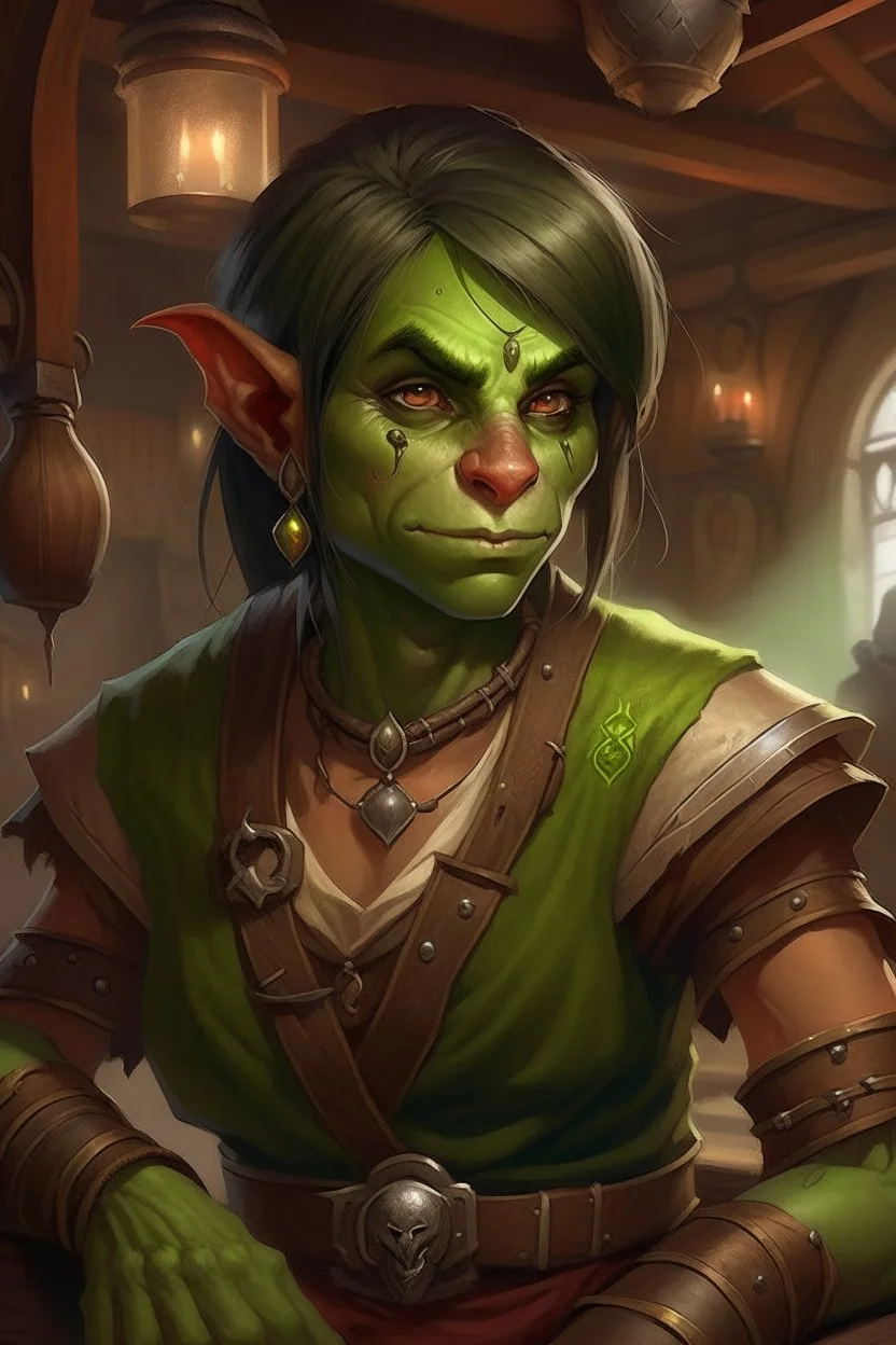 Dungeons and dragons orc woman. She has green skin. She is kind. She is handsome. She has nice eyes. She has short hair. She is strong. She is in a tavern. She has broad shoulders. She has a large jaw. She wears casual peasant clothes. Realistic style