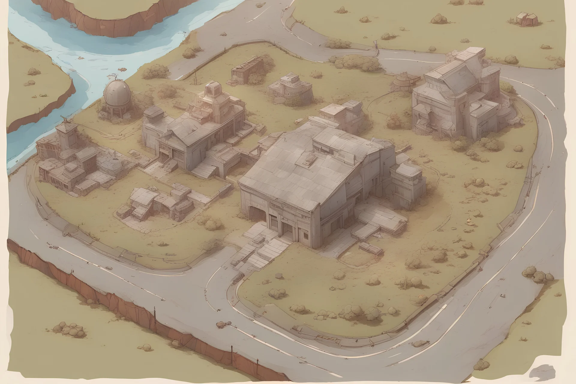 a map, top view of a military base, hills, farm land, highway, comic book, post -apocalypse, grey