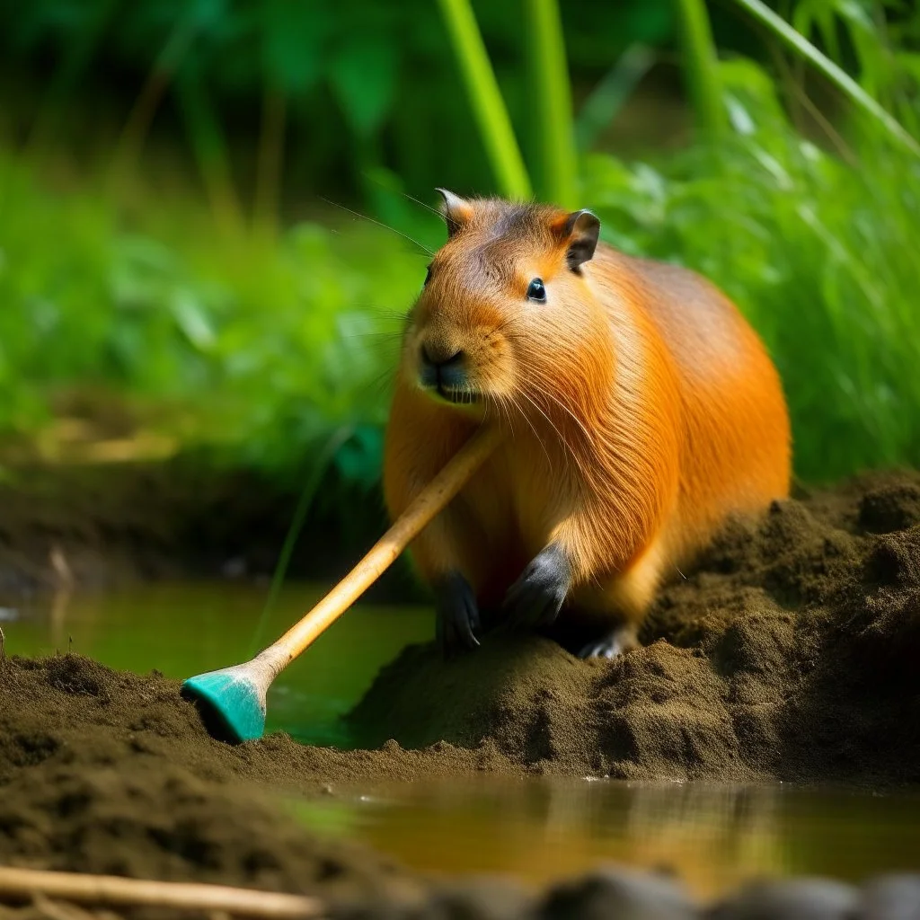 capybara using a shovelf to dig a moat