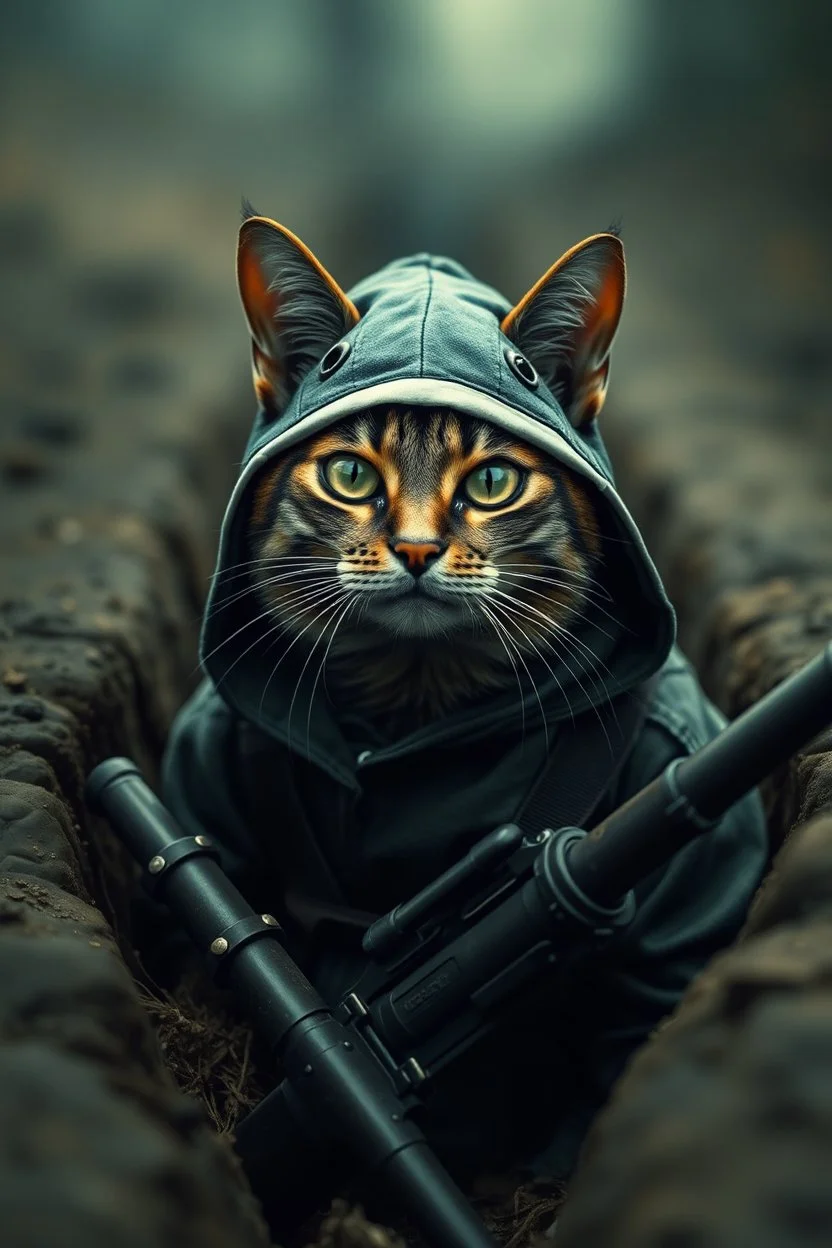 cat with shark mask hat solana in the ww3 trenches in the style of banksy