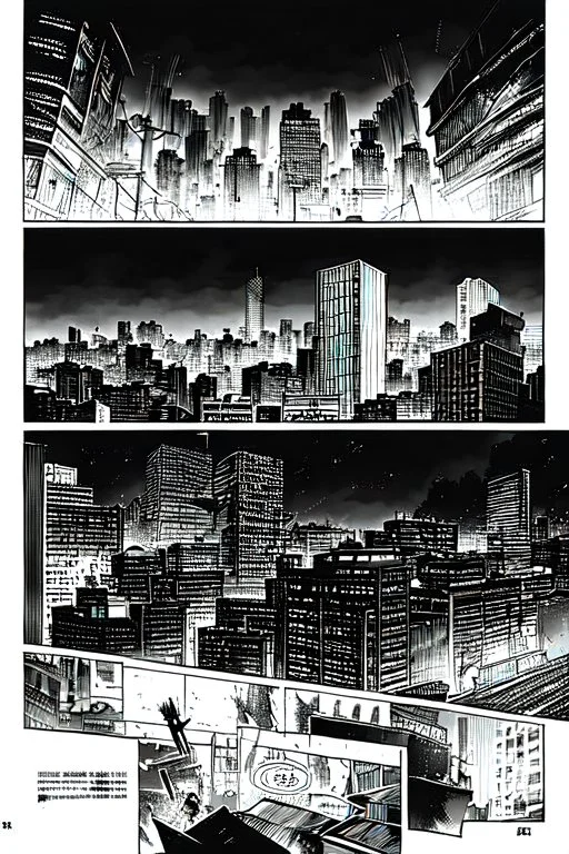 hiroshima nuclear disaster, city destroyed, manga page, greyscale